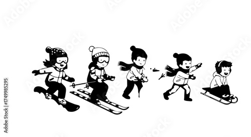 Black and White Cartoon Children Enjoying Winter Sports Activities in Snow.