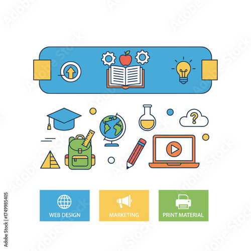 A flat design banner featuring educational elements, with vector illustration concepts suitable for web design, marketing, and print materials