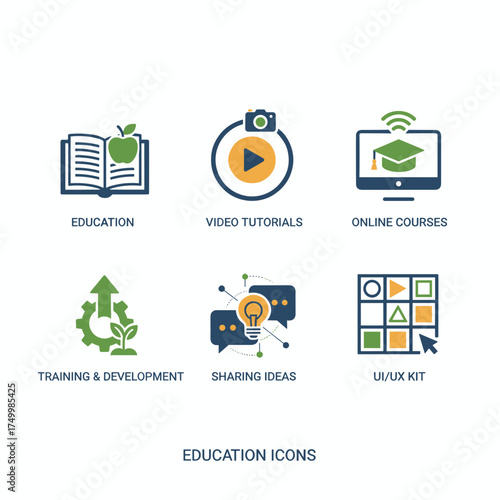 A set of material design icons tailored for education, video tutorials, online courses, training and development, and idea sharing, along with a UI/UX kit for web design, applications, mobile