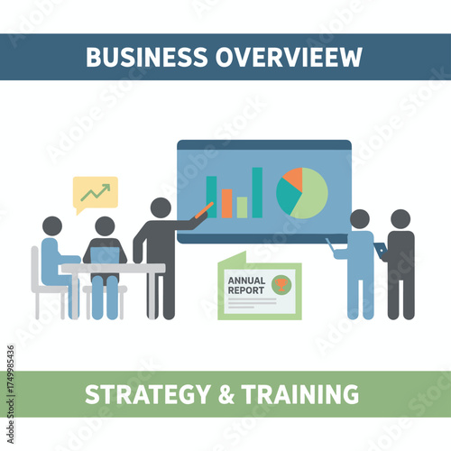 A flat design concept for meetings, business presentations, training, and annual reports, featuring vector illustrations for website banners, marketing materials, business presentations, and online