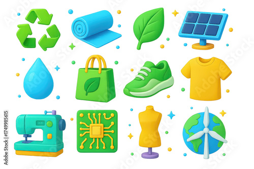 Sustainable Fashion Icons. Sustainable Tech Fashion. 3D icons set of Sustainable Tech Fashion: recycling symbol, fabric roll, eco leaf, solar panel, water