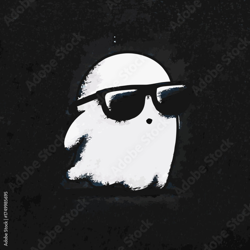 Cool ghost wearing sunglasses, cartoon illustration on dark background. Playful spooky character with a trendy and mysterious vibe.