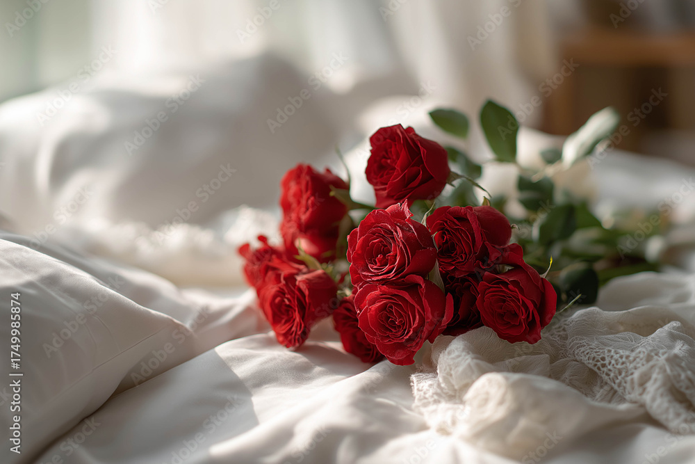 Fototapeta premium Vibrant bouquet of red roses elegantly arranged on soft white bedding, creating a romantic atmosphere perfect for special occasions and intimate moments of love and affection
