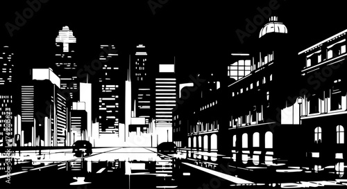 Black and White Cityscape Silhouette Depicting Skyscrapers and Buildings at Night.