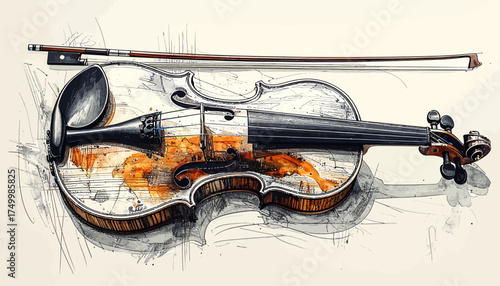 Antique violin with bow and strings