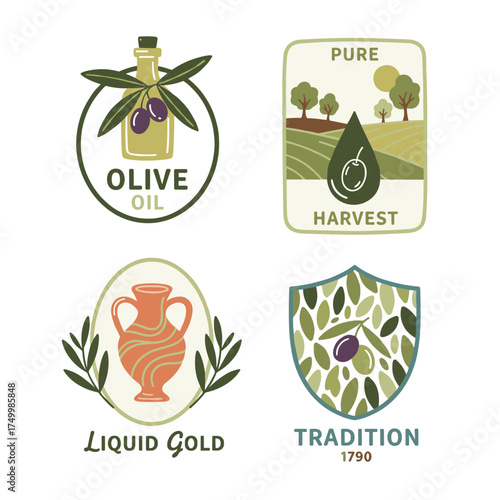 A collection of olive oil labels featuring hand‑drawn vector illustration templates for packaging