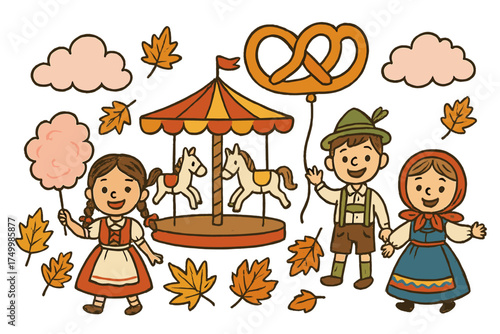 Festive Autumn Amusement. Amusement park doodle with children in traditional clothes, merry-go-round, autumn leaves, pretzel