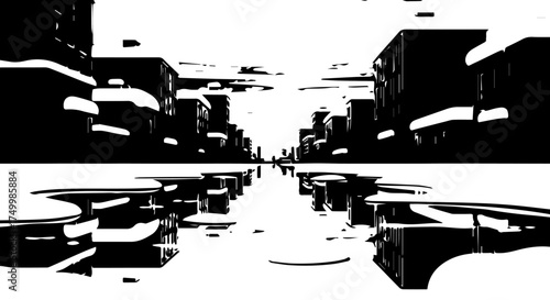 Black and White Cityscape with Buildings and Reflections in Perspective View.