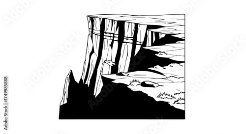 Black and White Cliffside Illustration with Dramatic Shadows and Textured Surface.