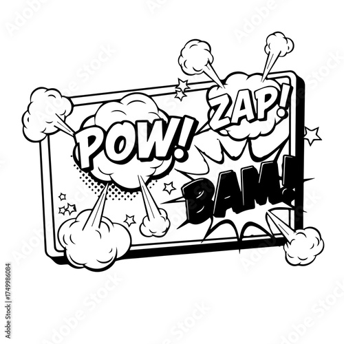 Black and White Comic Book Style Sound Effects on Rectangular Panel.