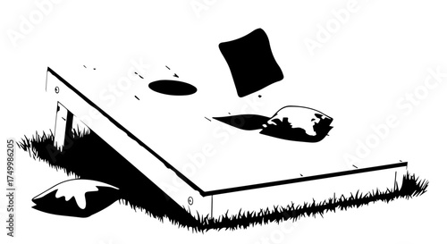 Black and White Cornhole Game Board with Bean Bags in Playful Action.