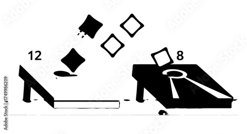Black and White Cornhole Game Boards with Numbered Scoring Areas and Tossed Diamonds.