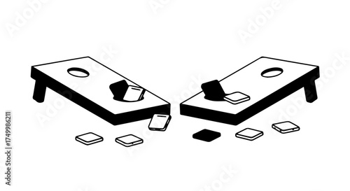 Black and White Cornhole Boards with Bean Bags, Game Set Illustration.