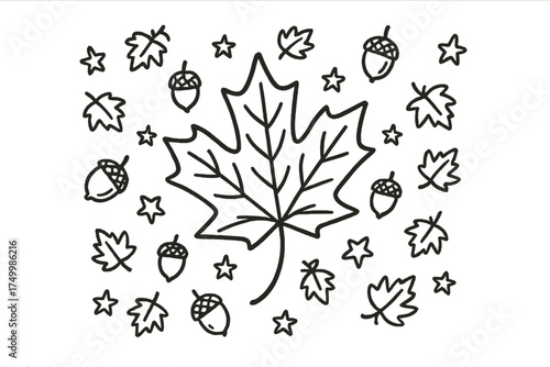 Maple Leaf Doodle. Maple leaf doodle vector with scattered leaves, acorns and stars isolated transparent background