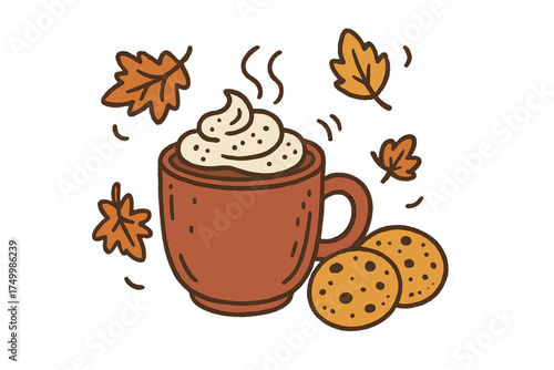 Cozy Hot Chocolate Scene. Cozy drink doodle with hot chocolate mug, whipped cream, cookies and falling leaves isolated transparent