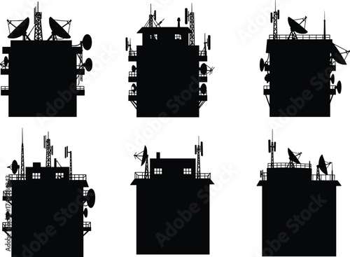 Building rooftop silhouette with antennas, satellite dishes, communication towers, broadcasting equipment, urban telecommunication infrastructure, 