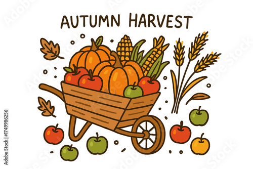 Autumn Harvest Doodle. Autumn harvest doodle with wheelbarrow full of pumpkins, apples, corn and wheat isolated transparent
