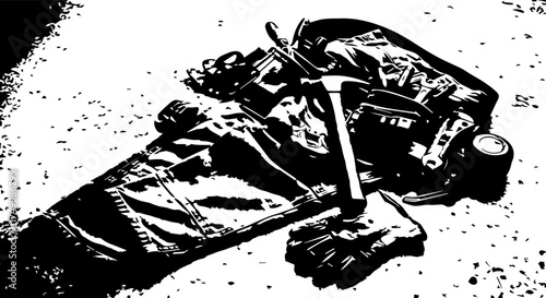 Black and White Depiction of a Hammer Resting on Work Gloves and Clothing.