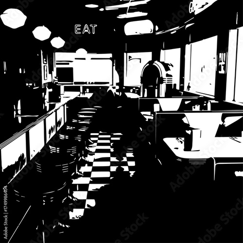 Black and White Diner Interior with Checkerboard Floor and Neon Sign.