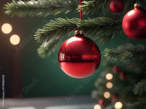 Christmas tree green spruce branch with red christmas ball on bokeh background