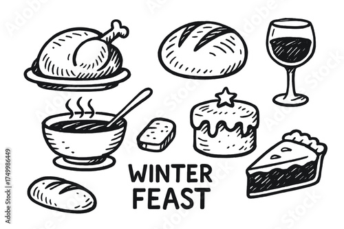 Winter Feast Icons. Winter feast doodle icon set: hand drawn icons of roasted meat, bread, soup, cake, pie, and wine. isolated