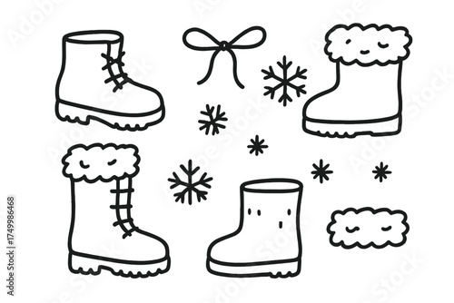 Winter Boots Doodle Icons. Winter boots doodle icon set: hand drawn icons of snow boots, laces, fur trim, and snowflakes. isolated