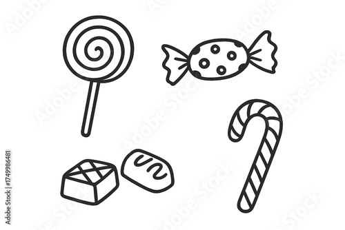 Christmas Candy Doodles. Christmas candy doodle icon set: hand drawn icons of lollipop, wrapped candy, chocolates, and cane.