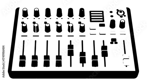 Black and White DJ Mixer with Knobs, Faders, and Control Panel.