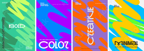A vibrant collection of four abstract vector poster designs, each featuring bold colors and dynamic shapes. The designs emphasize creativity and modern aesthetics