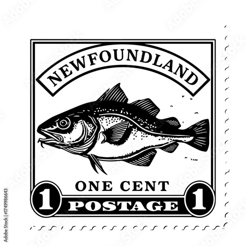 Vintage Newfoundland Postage Stamp Featuring Detailed Black and White Fish Illustration.