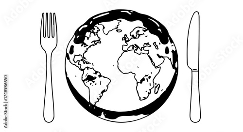 Black and White Earth Globe Served with Fork and Knife Illustration.