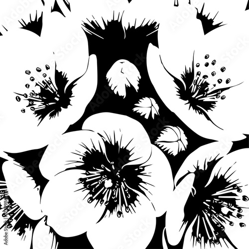 Black and White Floral Pattern Featuring Delicate Petals and Detailed Stamens.