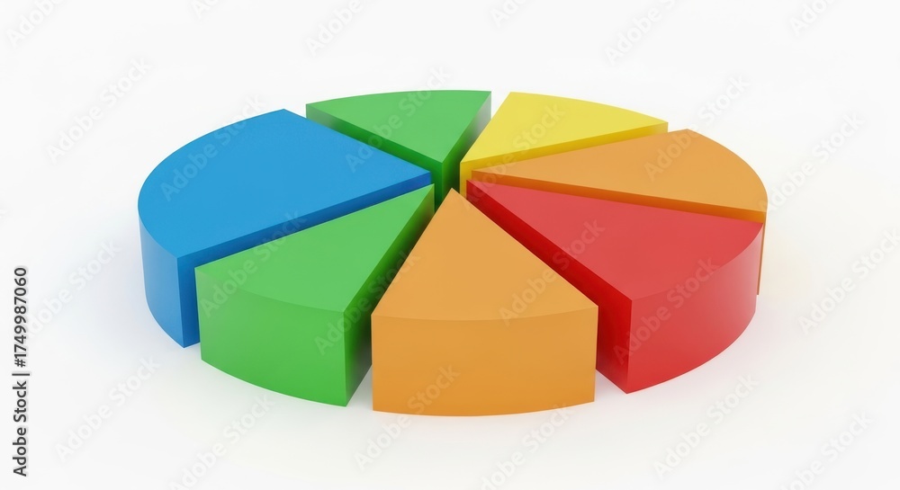 Obraz premium Colorful 3D pie chart isolated on white background. Business, analytics, finance, statistics, data visualization, report, growth and modern infographic concept. Segmented chart, clean template.