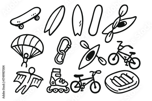 Extreme Sports Icons. Extreme sports doodle icon set: hand drawn icons of skateboard, surfboard, snowboard, parachute,