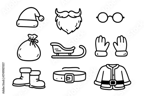 Santa Claus Icon Set. Santa Claus doodle icon set: hand drawn icons of Santa hat, beard, glasses, sack of gifts, sleigh, gloves,