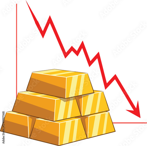 Vector, illustration of a declining gold stock chart, finance, money, poster, mining, industry