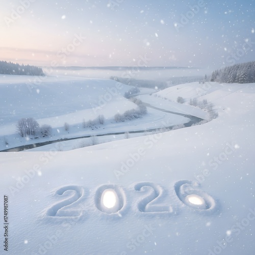 Snow covered landscape with 2026 carved in snow new year