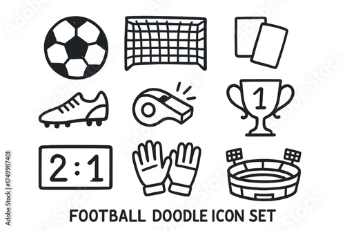 Football Doodle Icons. Football doodle icon set: hand drawn icons of ball, goal net, boots, whistle, referee card, trophy,