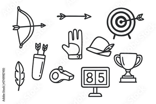 Archery Icon Set. Archery doodle icon set: hand drawn icons of bow, arrow, target, quiver, gloves, hat, whistle, trophy,