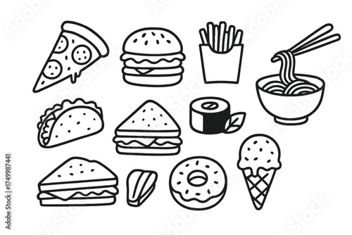 Food Doodle Icons. Food doodle icon set: hand drawn icons of pizza slice, burger, fries, hot dog, taco, sandwich, sushi roll,