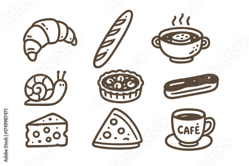 French Food Icons. French food doodle icon set: hand drawn icons of croissant, baguette, onion soup, escargot, tart, eclair,
