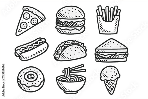 Food Doodle Icons. Food doodle icon set: hand drawn icons of pizza slice, burger, fries, hot dog, taco, sandwich, sushi roll,