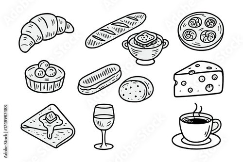French Food Icons. French food doodle icon set: hand drawn icons of croissant, baguette, onion soup, escargot, tart, eclair,