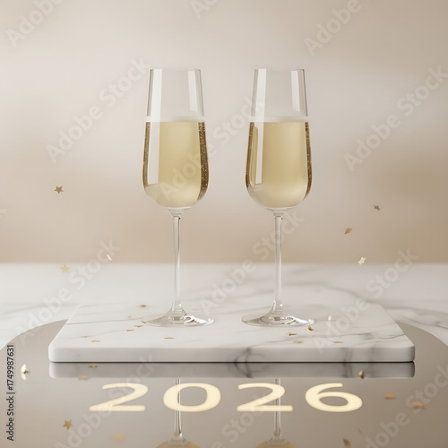 Two champagne flutes with bubbly liquid and golden confetti