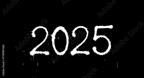 White Chalky 2025 Numbering on Dark Background, Grunge Style.