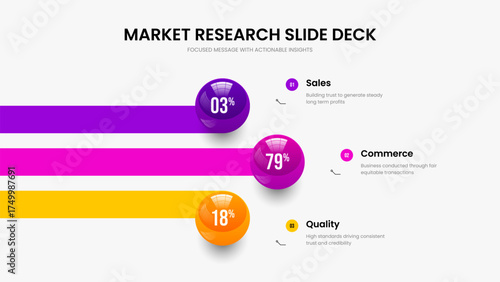 Project Review 3 Element Graph Frame Template. Visual Strategy Three Step Infographic Slideshow Design. Enterprise Launch Slide Layout Vector Illustration.
