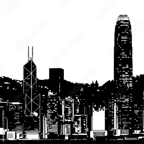 Black and White Hong Kong Skyline Silhouette with Detailed Buildings and Structures.