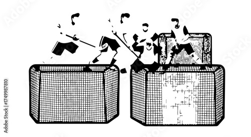 Black and White Hockey Players in Action with Nets and Sticks, Playing Hockey.