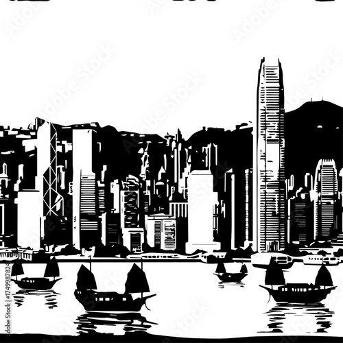 Black and White Hong Kong Skyline with Traditional Junk Boats on Water.