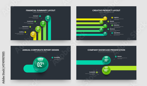 Creative Innovation Four Five One Two Step Diagram Slideshow Layout Vector Illustration Collection. Consulting Introduction 4 5 1 2 Option Chart Slide Design Set.
